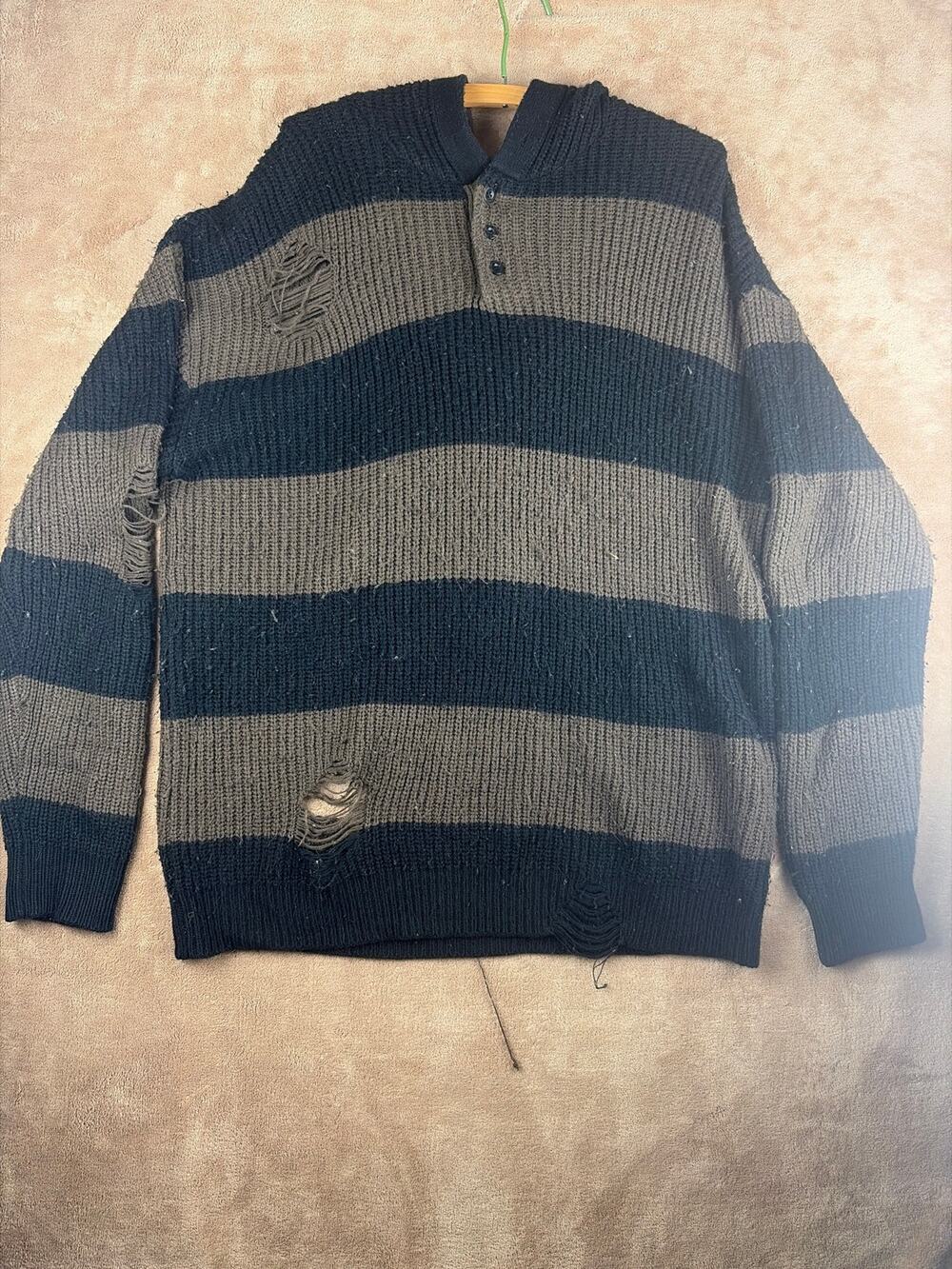 Hot Topic Social Collision Distressed Striped Knit Polo Sweater Grunge Goth L